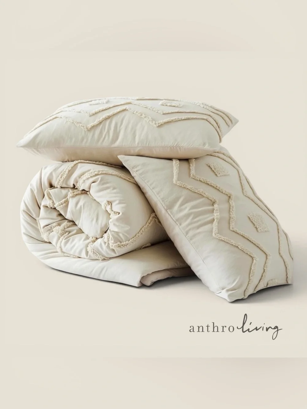 NEW Anthro Ivory Beige Tufted Floral Queen King Boho Comforter Bedding Sham Set